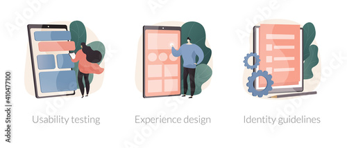 Web designer services abstract concept vector illustration set. Usability testing, experience design, identity guidelines, user experience test, UX and UI element, corporate ID abstract metaphor.