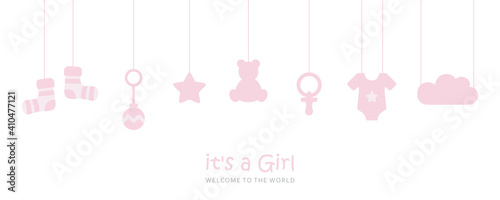 its a girl welcome greeting card for childbirth with hanging baby utensils vector illustration EPS10