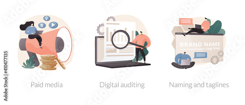 Corporate communication abstract concept vector illustration set. Paid media, digital auditing, naming and taglines, product slogan, copywriting service, social media post, article abstract metaphor.