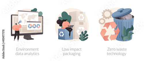Reuse reduce recycling abstract concept vector illustration set. Environment data analytics, low impact packaging, zero waste technology, eco friendly, plastic free container abstract metaphor.