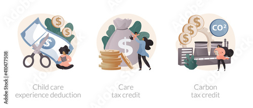 Family support abstract concept vector illustration set. Child care expense deduction, care and carbon tax credits, taxable income, family budget, bank transfer, paycheck abstract metaphor.