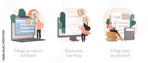 Filing taxes by yourself abstract concept vector illustration set. Filing tax return software, electronic documents, gather paperwork, e-file earnings statement, IRS form abstract metaphor.