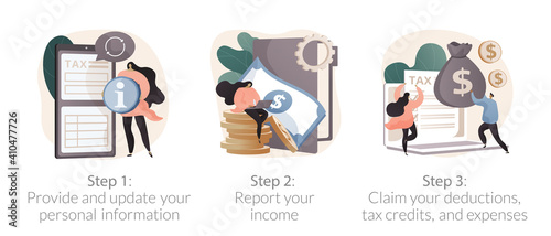 Tax filing abstract concept vector illustration set. Provide and update your personal information, report your income, claim documents, tax credits and expenses, financial report abstract metaphor.