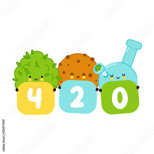 Cute smiling happy cookie,weed bud and bong. 420 card,poster. Vector flat cartoon character illustration.Isolated on white background. Weed smoke concept