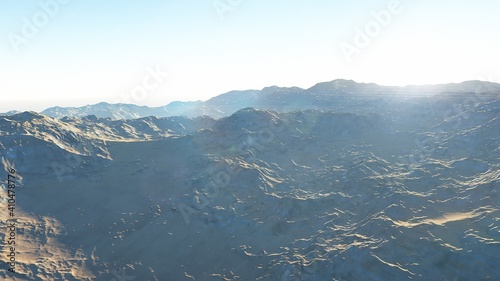 beautiful view from an exoplanet, a view from an alien planet, a computer-generated surface, a fantastic view of an unknown world, a fantasy world 3D render
