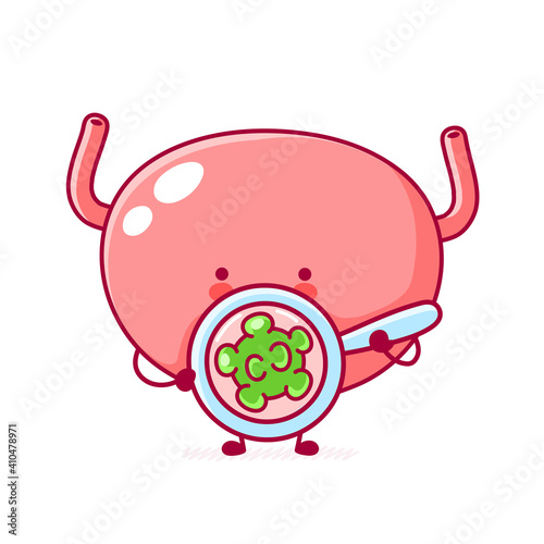 Cute funny human bladder organ character look at virus. Vector flat line cartoon kawaii character illustration icon. Isolated on white background. Bladder with face character mascot concept