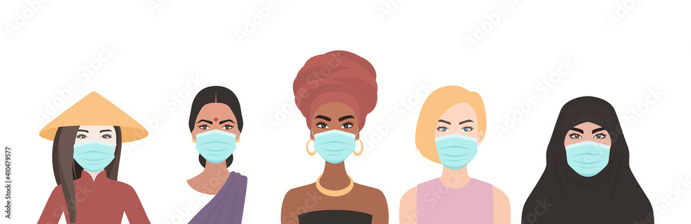 Five Masked Women of Multi-Ethnic, Different Nationalities Cultures Standing Together. African, Asian, European, Arab. COVID-19, Coronavirus, Women s Friendship, Feminism, Sisterhood Concept