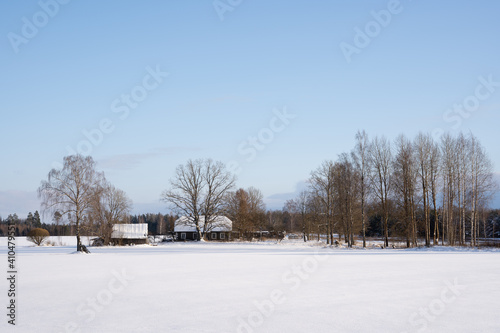 white snowy field behind which is an old country house with trees of different sizes