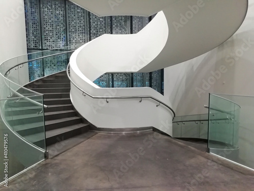 Modern style office, wide and bright lobby and stairs. Interier of Boris Yeltsin Presidential Center is social, cultural and educational center.
