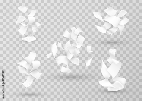 Papers combination, cluster realistic templates set. Curved sheets falling down.