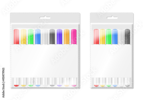 Markers are in package large and small sets in realistic style. Drawing tools.