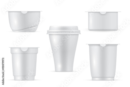 Containers for yogurt, ice cream, dessert realistic mockups. Plastic packaging templates.