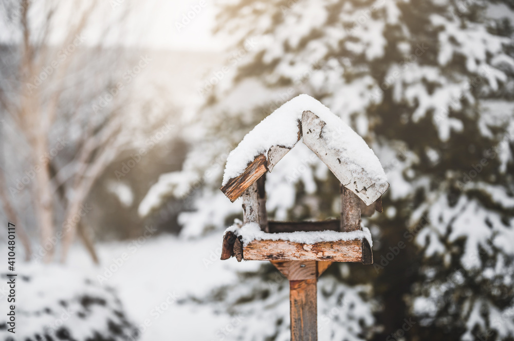 Fototapeta premium Bird feeder on a pole with snow on the roof.