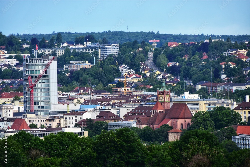 Fototapeta premium Blick über Pforzheim mit dem Bezirksamtsturm im Zentrum - View over Pforzheim Germany with the district office tower in the center