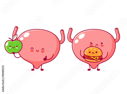 Cute human bladder organ character with apple and burger. Vector flat line cartoon kawaii character illustration icon. Isolated on white background. Bladder with face character mascot concept