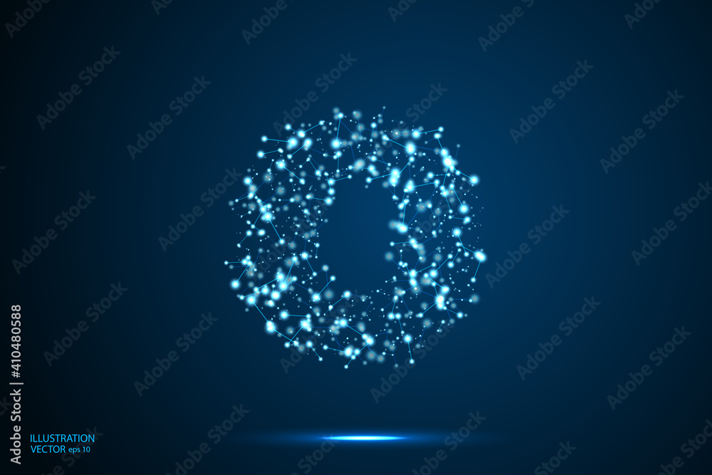 English letters abstract font consists 3d of triangles, lines, dots and connections. On a dark blue background cosmic universe stars, meteorites, galaxies. Vector illustration EPS 10.