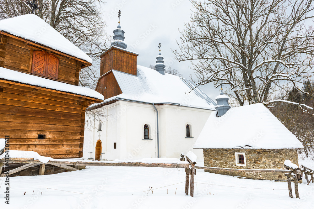 Lopienka Wooden Orthodox Church in Bieszczady Mountains Park at Winter Snowy Season in Poland