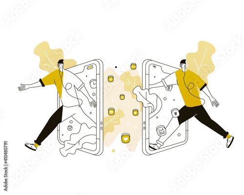  A man enters a parallel technolgical universe. Virtual reality. Vector illustration with Web communication idea for telework, remote working and freelancing concept