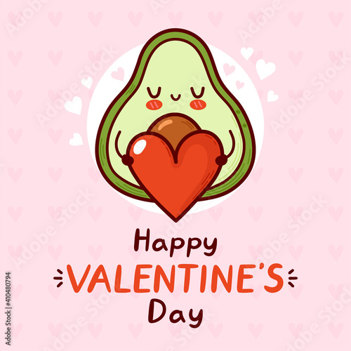 Cute funny avocado present heart. Happy valentines day card. Vector flat line cartoon kawaii character illustration icon. Valentines day concept