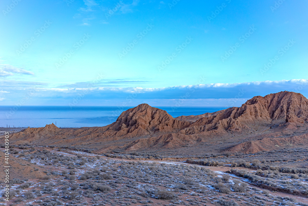 Mars canyon panorama on south bank of Issyk kul lake Kyrgyzstan