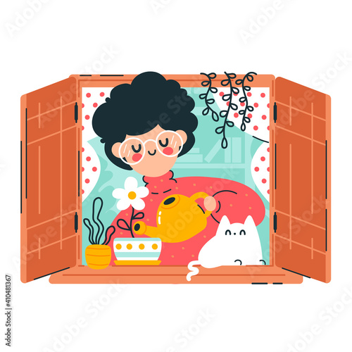 Cute young woman water plants and flowers on window. Vector cartoon character illustration icon. Isolated on white background. Home plants in window concept
