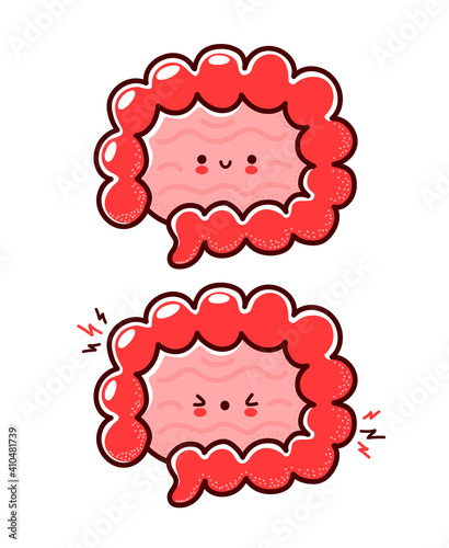 Cute healthy and sick sad funny human intestine organ character. Vector flat line cartoon kawaii character illustration icon. Isolated on white background. Intestine with face character mascot concept