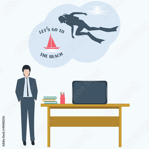Businessman, work desk, computer. Man thinks about diving - vector. Travel planning. Vacation dream.