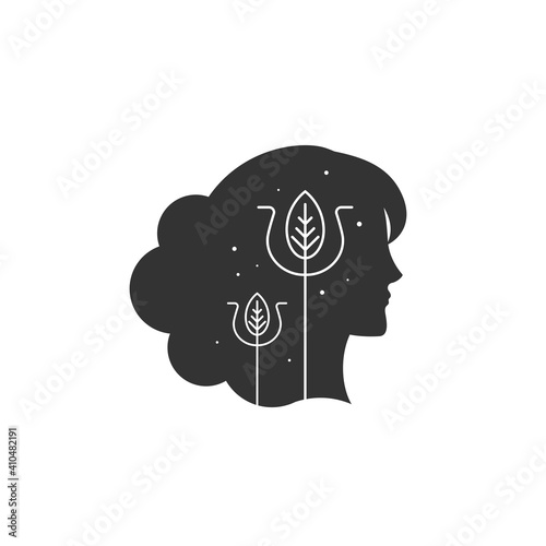 Girl's head with Greek letter Psi. Relationship and psychology logo isolated on white.