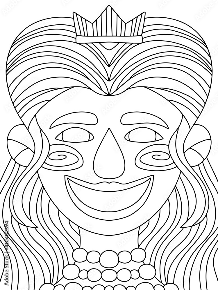 Young smiling woman with long hair, diadem and pearls necklace vector. Festival Mardi Gras queen black outline isolated on white. Fairy tale character symmetry coloring page for kids. One of a series