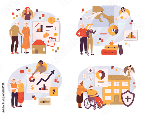 Retiree budget plan concept. Financial literacy, healthcare expenses, retirement estate planning, tourist trips and travelling, health insurance plan. Set of flat cartoon vector illustrations