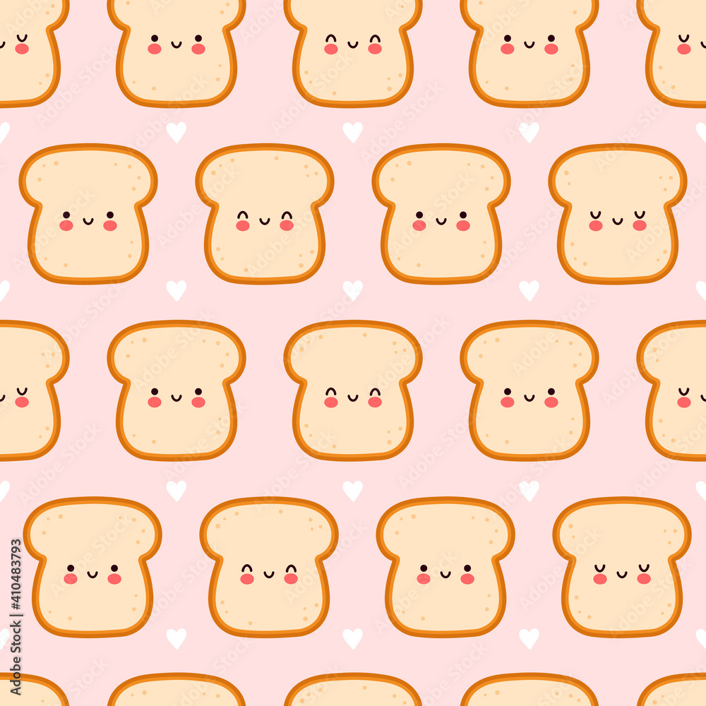Cute funny bread toast seamless pattern. Vector flat cartoon kawaii character illustration icon design. Toast character seamless pattern concept Cute funny bread toast seamless pattern. Vector flat cartoon kawaii character illustration icon design. Toast character seamless pattern concept