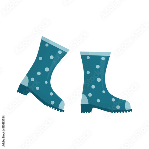 Rubber boots for rainy weather, gardening. fishing. Waterproof shoes wth blue polka dots. Autumn symbol. Gumboots flat isolated illustration