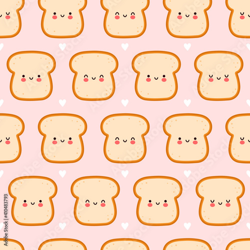 Cute funny bread toast seamless pattern. Vector flat cartoon kawaii character illustration icon design. Toast character seamless pattern concept