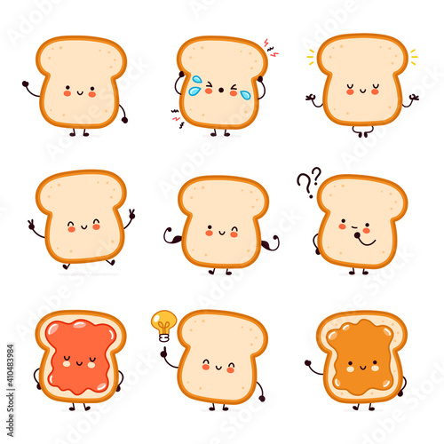 Cute funny happy bread toast character set collection. Vector flat line cartoon kawaii character illustration icon. Isolated on white background. Toast with face character mascot bundle concept
