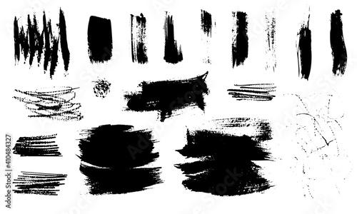 Set of abstract textures made with dry brushstrokes. Hand drawn monochrome vector illustration. Isolated on white background.