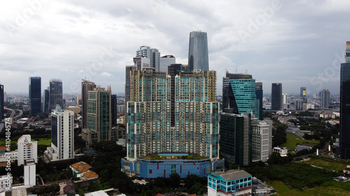 Aerial view of bellagio boutique mall building in Jakarta and noise cloud with cityscape. the largest building center in Jakarta. JAKARTA - Indonesia. February 4, 2021