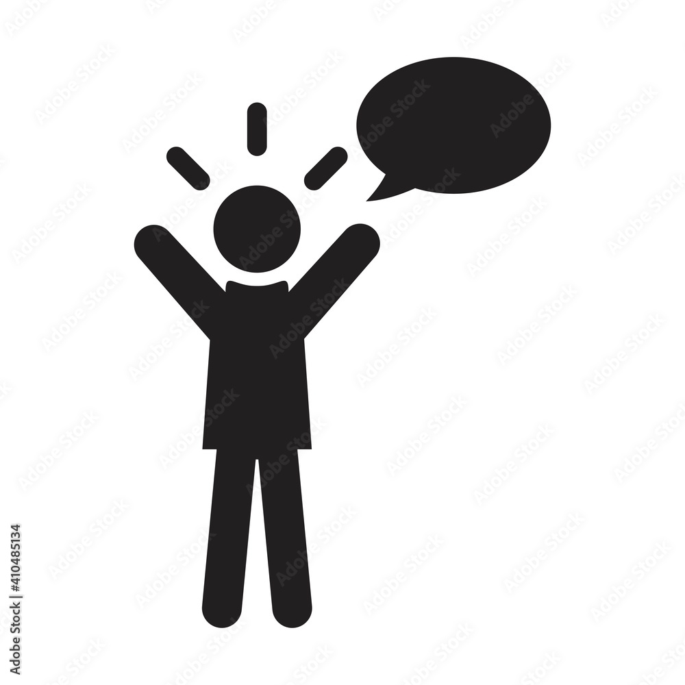 Fototapeta premium Help icon vector male person profile avatar with speech bubble symbol for discussion and information in flat color glyph pictogram illustration