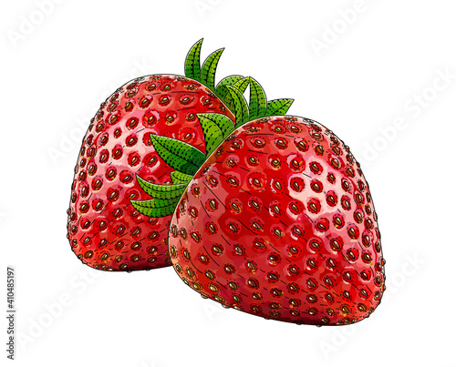 Garden strawberry fruit vector engraved style illustration for posters, decoration and print. Hand drawn etching sketch of passion fruit in colorful. Detailed vegetarian food linocut drawing. Scratch 