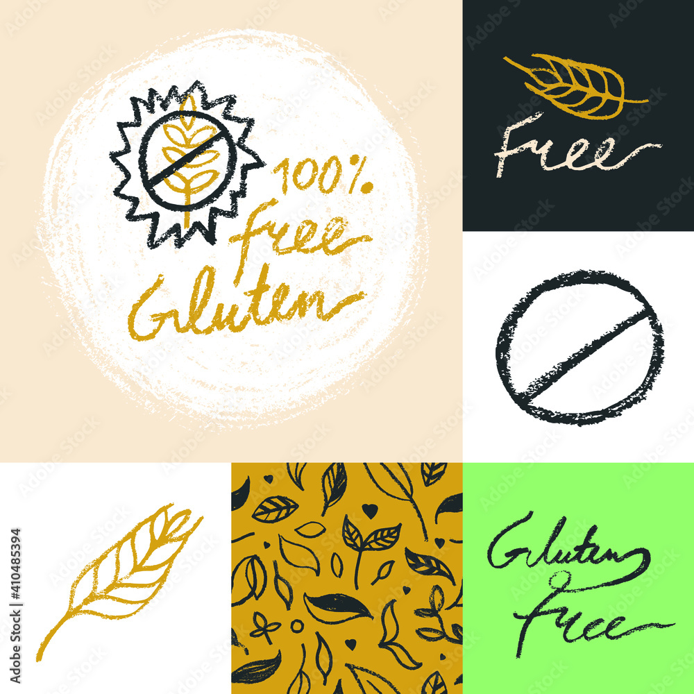 Naklejka premium Gluten free icon vector, hand-drawn lettering gluten-free logo, handwritten text vegan gluten badge. Rye image and cereal symbol. Healthy food label set, organic food packaging, healthy eating banner.