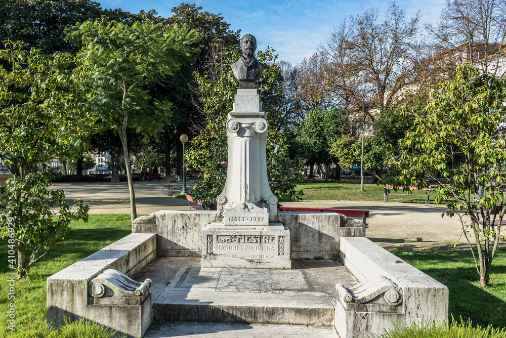 Statue of Joao Joaquim Marques da Silva Oliveira in Jardim de Sao Lazaro - small park in Porto city, Portugal