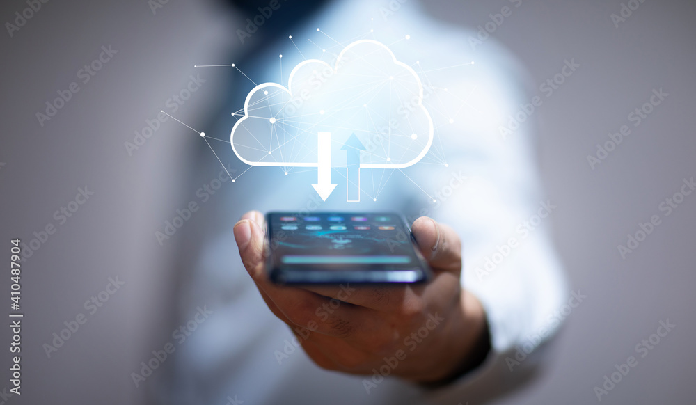 Man holding phone with Download icon Man holding phone with Download icon