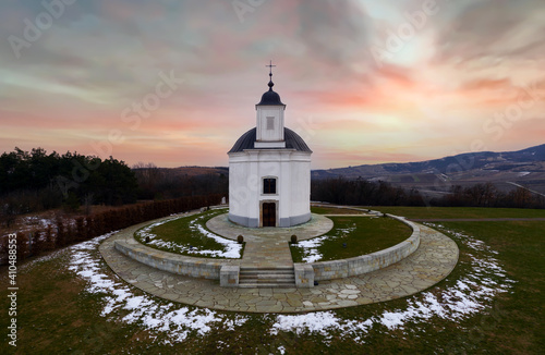 Amazing aerial view about the Saint Theresa chapel in Zemplen mountains near by Tarcal city. Baroque style historical building what built to Queen Maria Terezia. photo