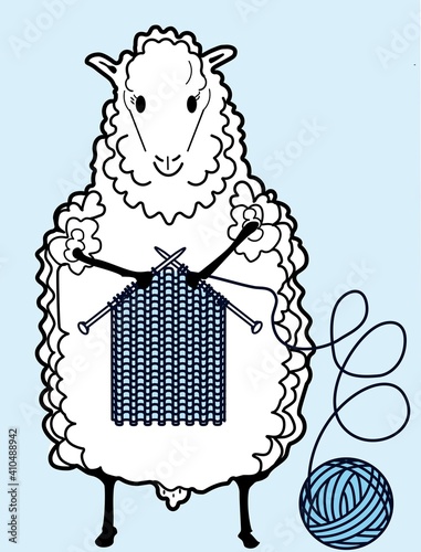 Standing sheep knitting a knitted garment with needles and a ball of wool