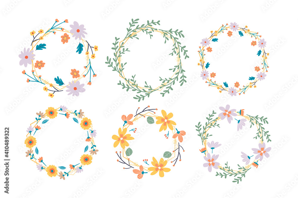 Floral Frame Collection. Set of cute retro flowers arranged un a shape of the wreath perfect for wedding invitations and birthday cards