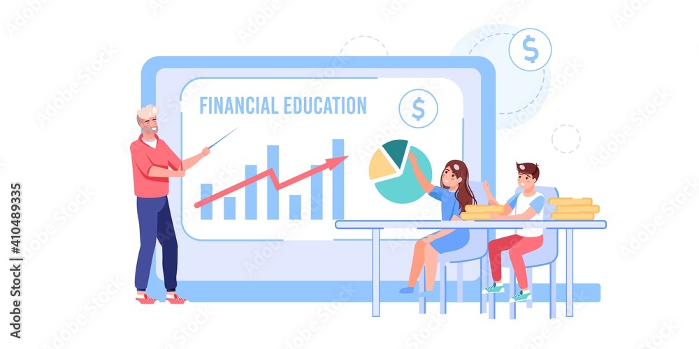 Vector cartoon flat family characters in home,online education class business course.Dad teaches kids personal budget finance management on computer app screen-web site banner ad concept