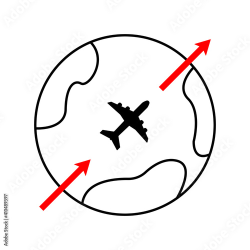 Airplane travel vector icon. Airplane and planet earth icon. Airways direction vector icon. Icon in flat style.