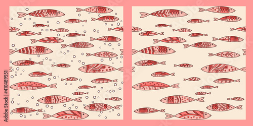 2 seamless patterns with fishes swimming horizontal in both directions