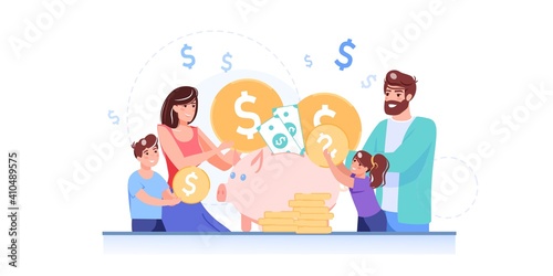 Vector cartoon flat happy family characters put gold coins in piggy bank.Parents kids saving money,follow home budget finance management plan-family budget,bank account,web site banner ad concept