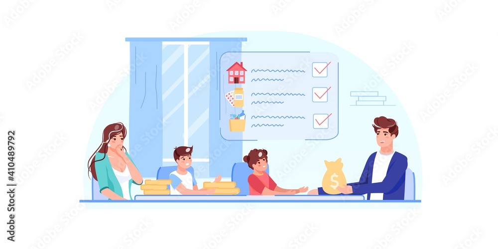 Vector cartoon flat family characters with gold coins.Parents kids discussing home budget finance management,follow money saving plan list-family budget,web site banner ad concept Vector cartoon flat family characters with gold coins.Parents kids discussing home budget finance management,follow money saving plan list-family budget,web site banner ad concept