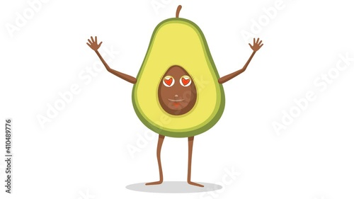 Vector animation with a cheerful half avocado greets you with a wave of hands, a smile and eyes with pupils from hearts.